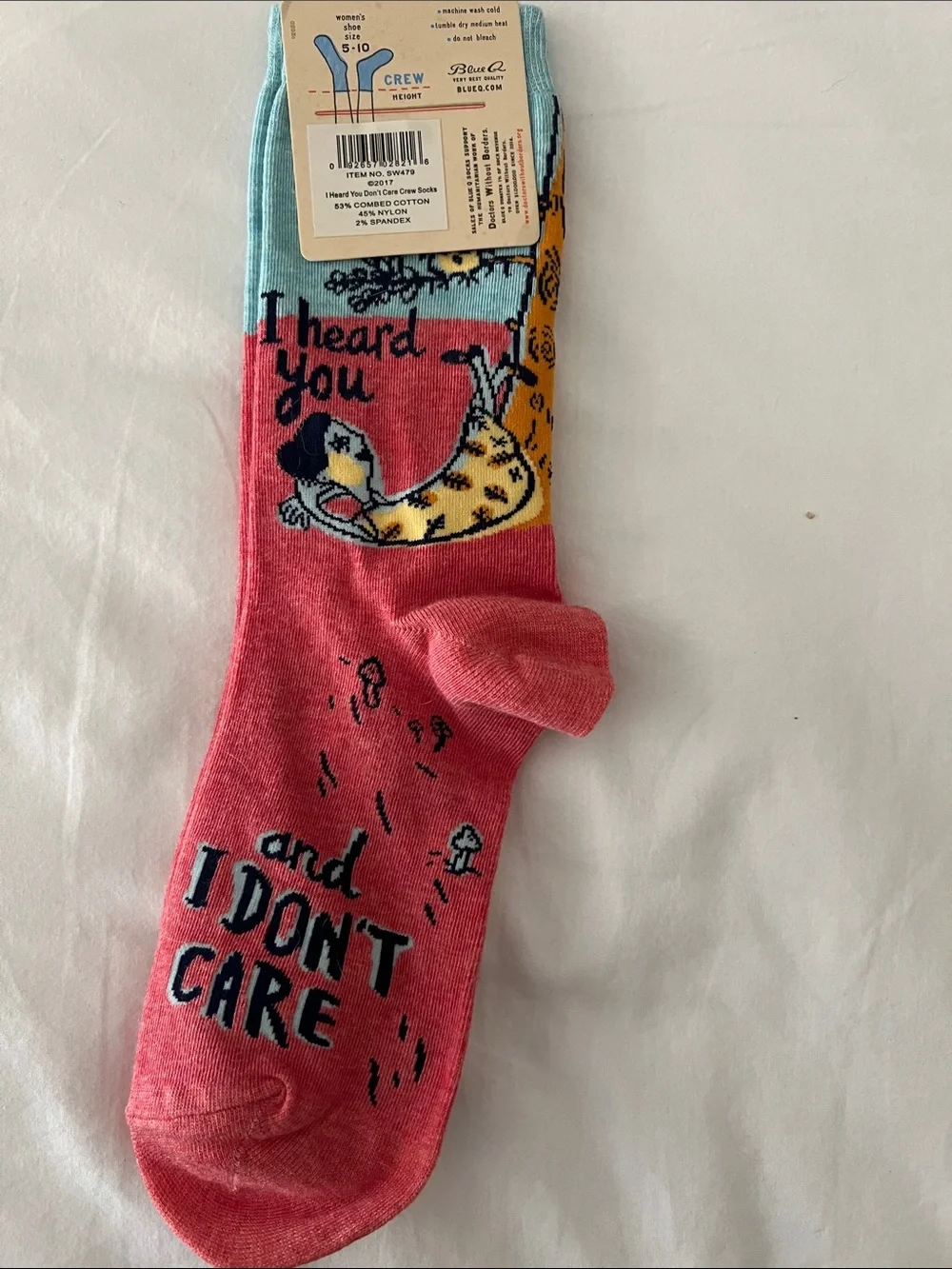 Blue Q Pink and Teal 'I Heard You' Graphic Crew Socks